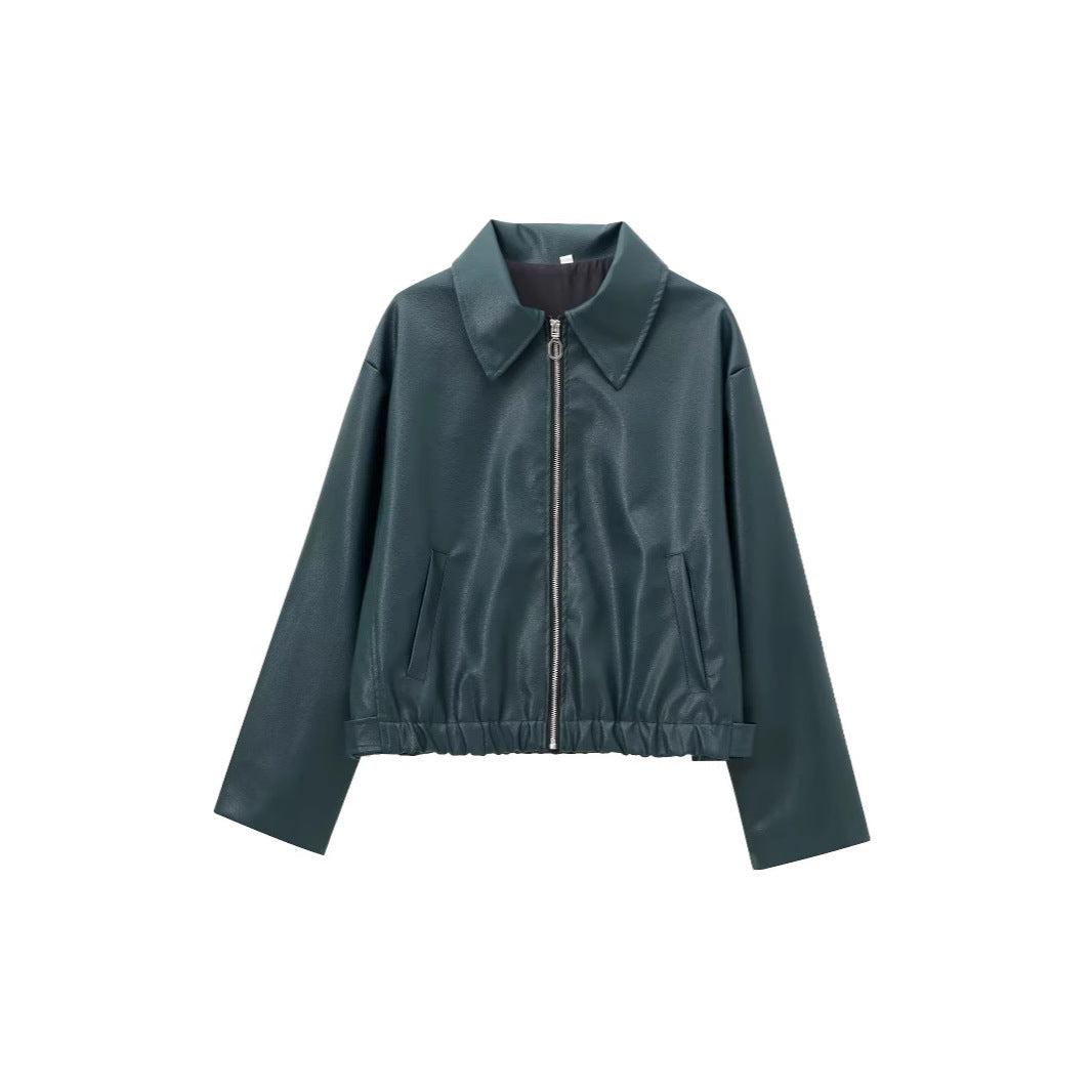 Cappotto in pelle da donna con collo a rever e maniche lunghe