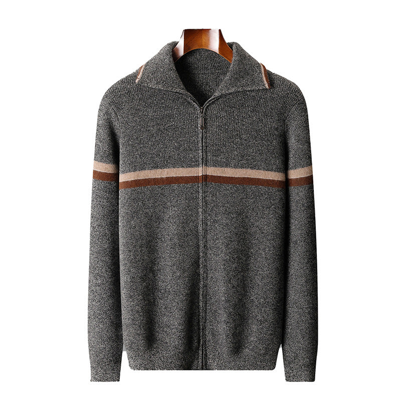 Mens High-Neck Ingot-Clasp Cardigan Sweater With Horizontal Stripes And Zipper Closure