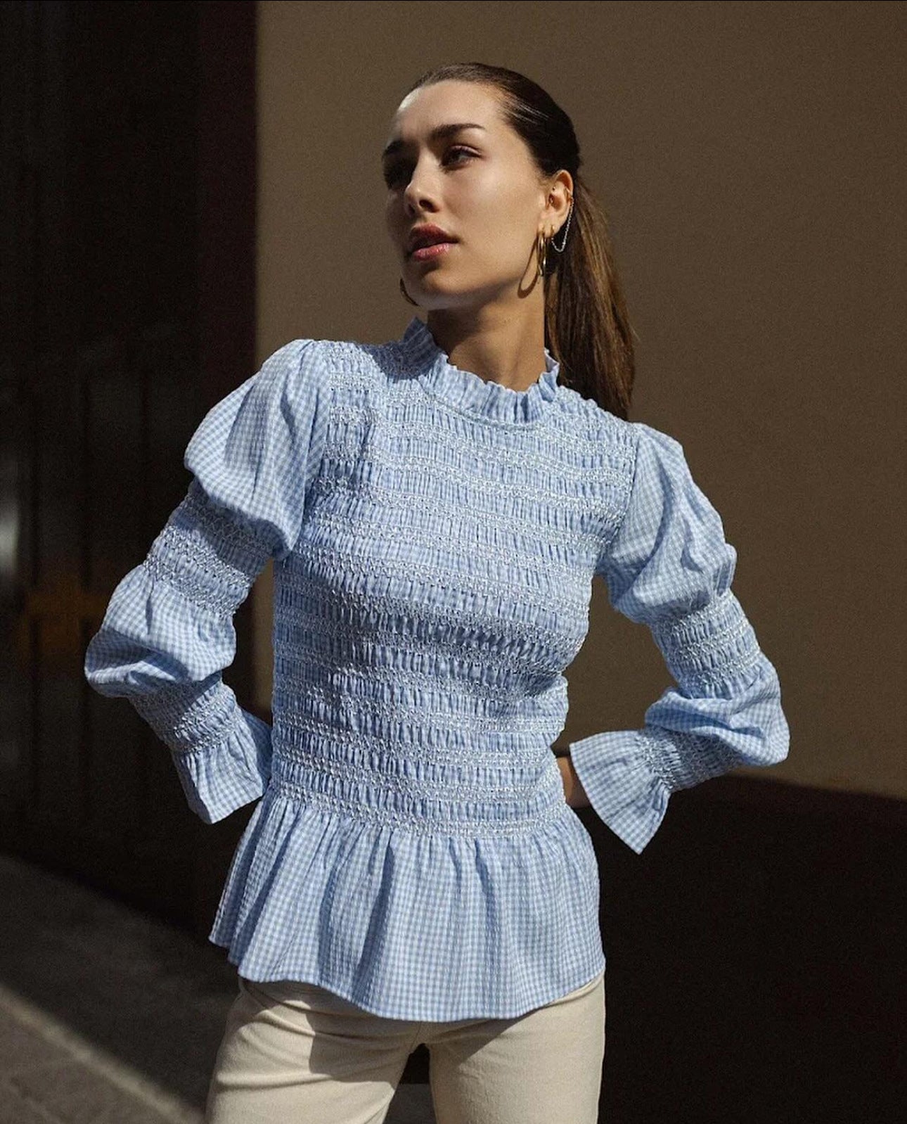 Plaid-printed Pleated Crew-neck Long-sleeve Slim-fit Women's Top