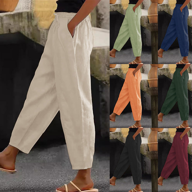 Spring And Autumn New Women's Cotton And Linen Solid Color Fashion Casual Daily Elasticated Slacks