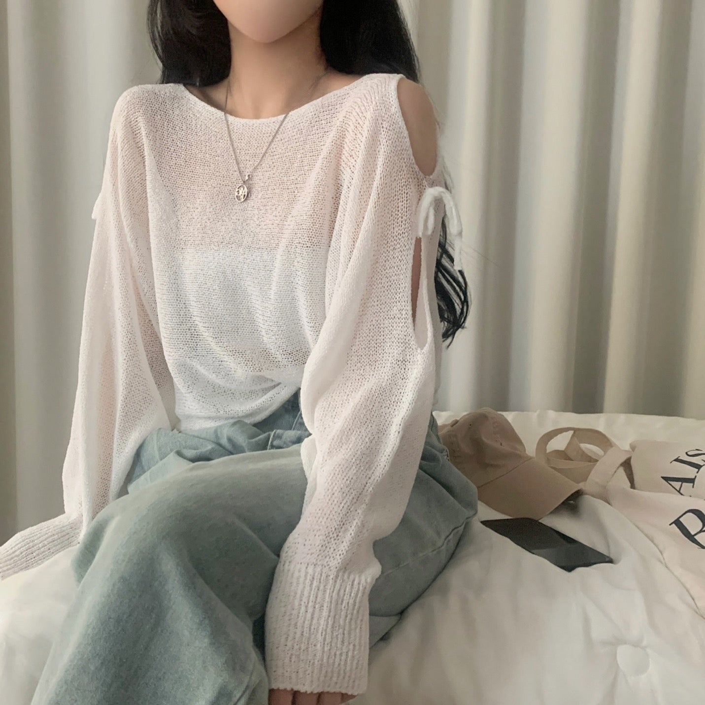 Lace-up Cutout Off-shoulder Loose Sun Protection Sweater Top
