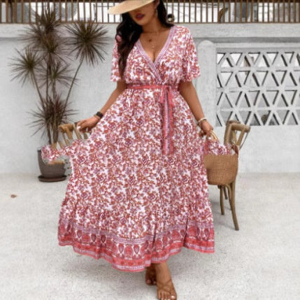 Women's Retro Printed V-Neck Long Dress Women's Pullover