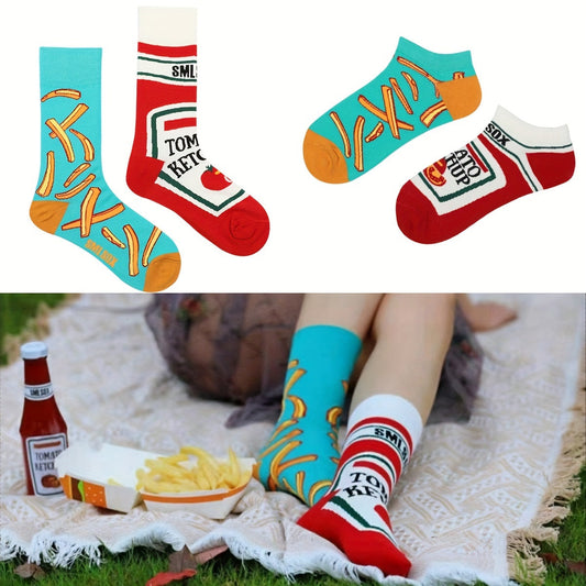 Men's And Women's Asymmetric AB Cartoon Food Illustration Trend Unmatched Color Socks