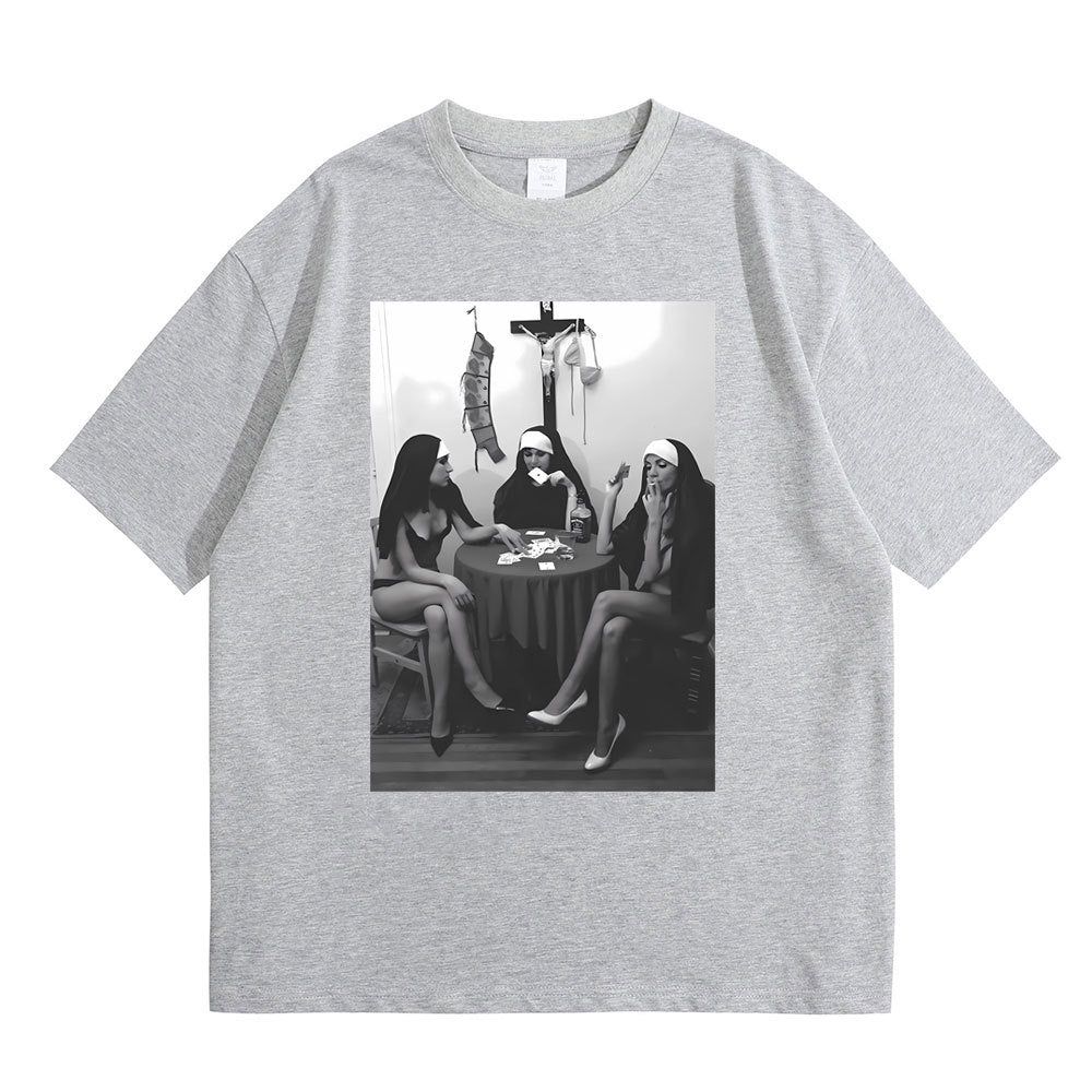 Nuns Naked Playing Card Smoking Drinking Funny Meme T-Shirt