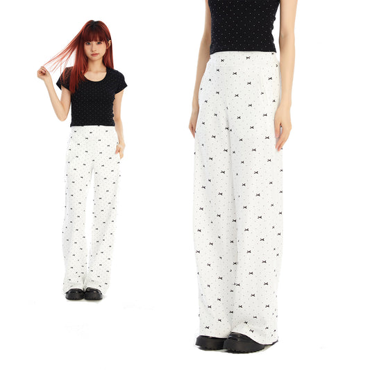 Polka Dot Bow Full Printed Design Loose Casual Wide-leg Trousers