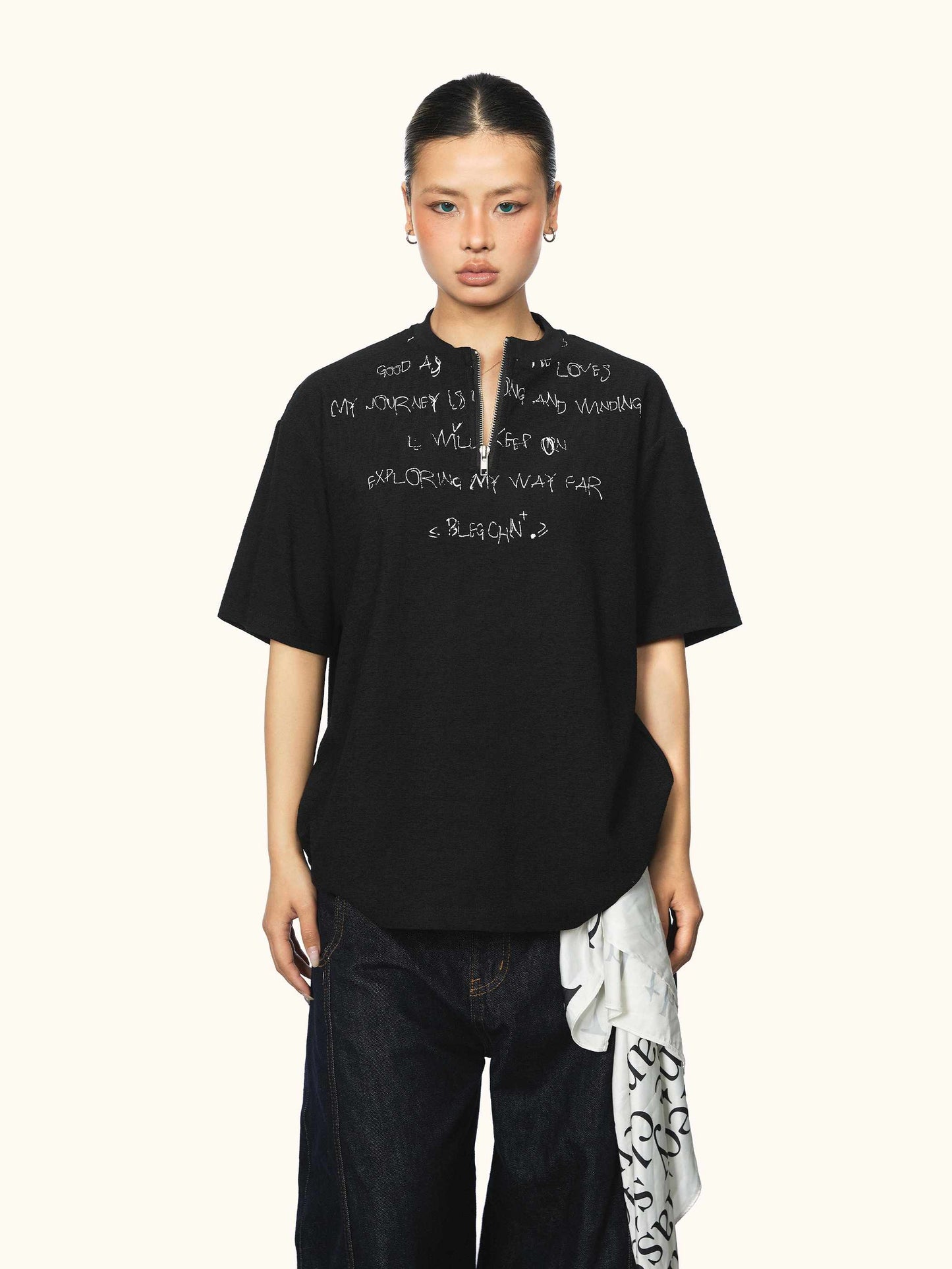 Men's And Women's Same Style American Letter Print Half Zipper Short Sleeve