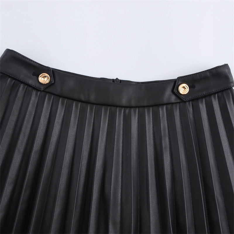 Autumn New Women's High Waist Slimming Faux Leather Wide Pleated Skirt