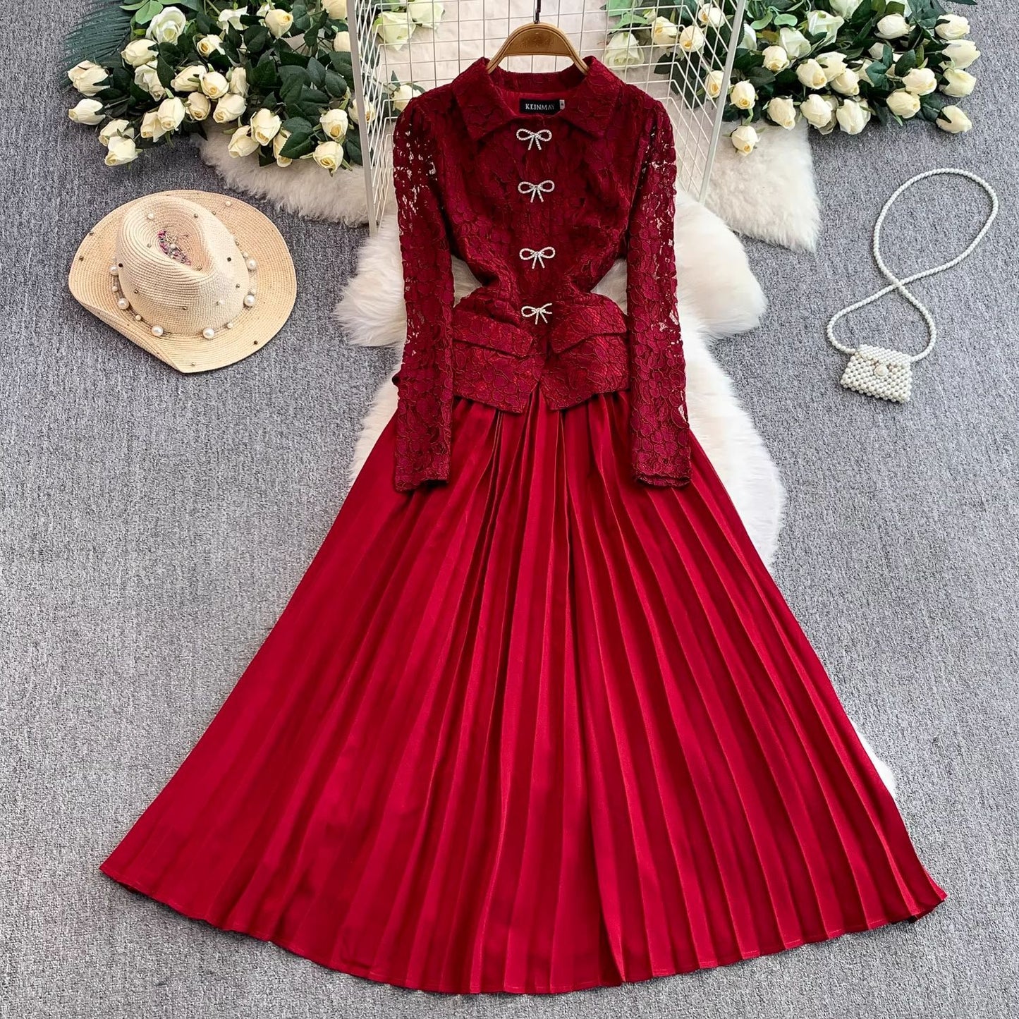 French Chic Lace-Patchwork Notch-Neckline Formal Dress