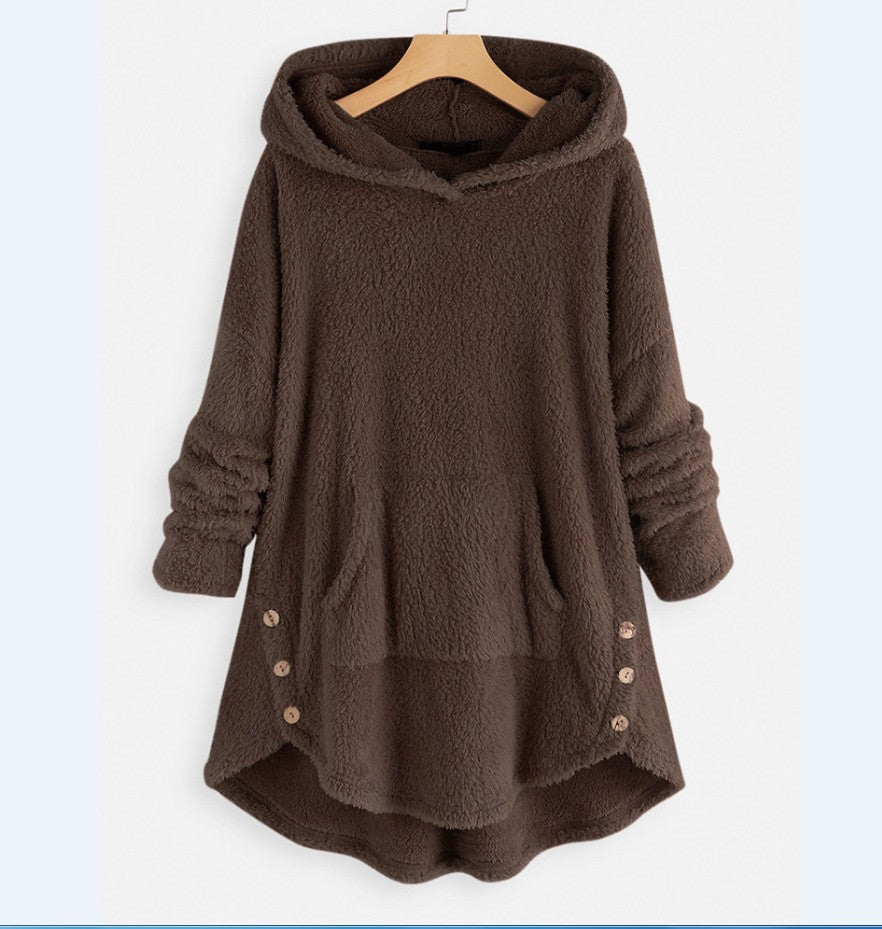 Hættetrøje Langærmet Dobbeltsidet Fleece Mellemlang Dametrøje