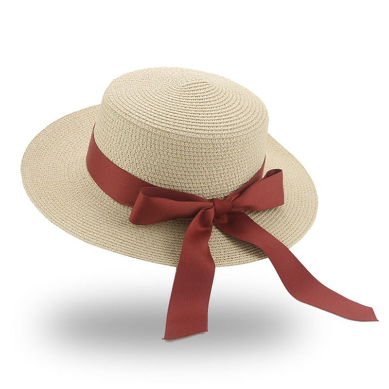 Women's Summer Bow Ribbon Flat Brim Straw Hat
