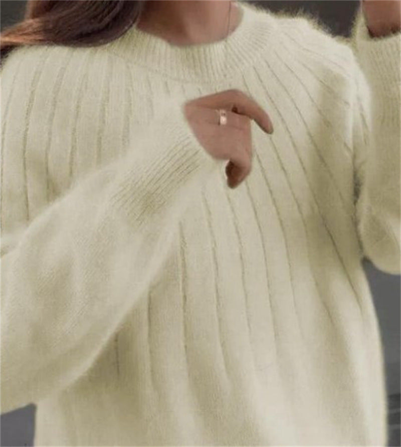 Womens Solid Color Short Pullover With Round Neck Loose Fitting Outerwear And Base Layer Knit Top