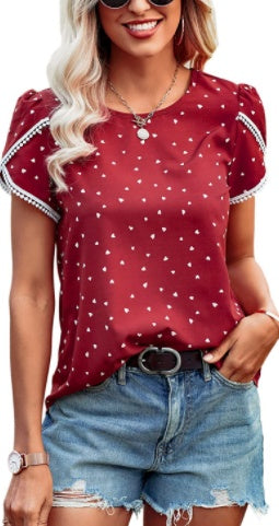 Lace Stitched Polka Dot Short Sleeved T Shirt Chiffon Top