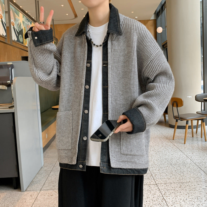 Mens Denim Patchwork Color-Block Knitted Cardigan Coat