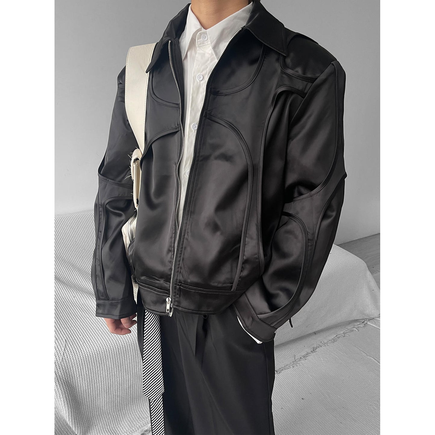 Men's Stitching Solid Color Design Stand-up Collar Jacket