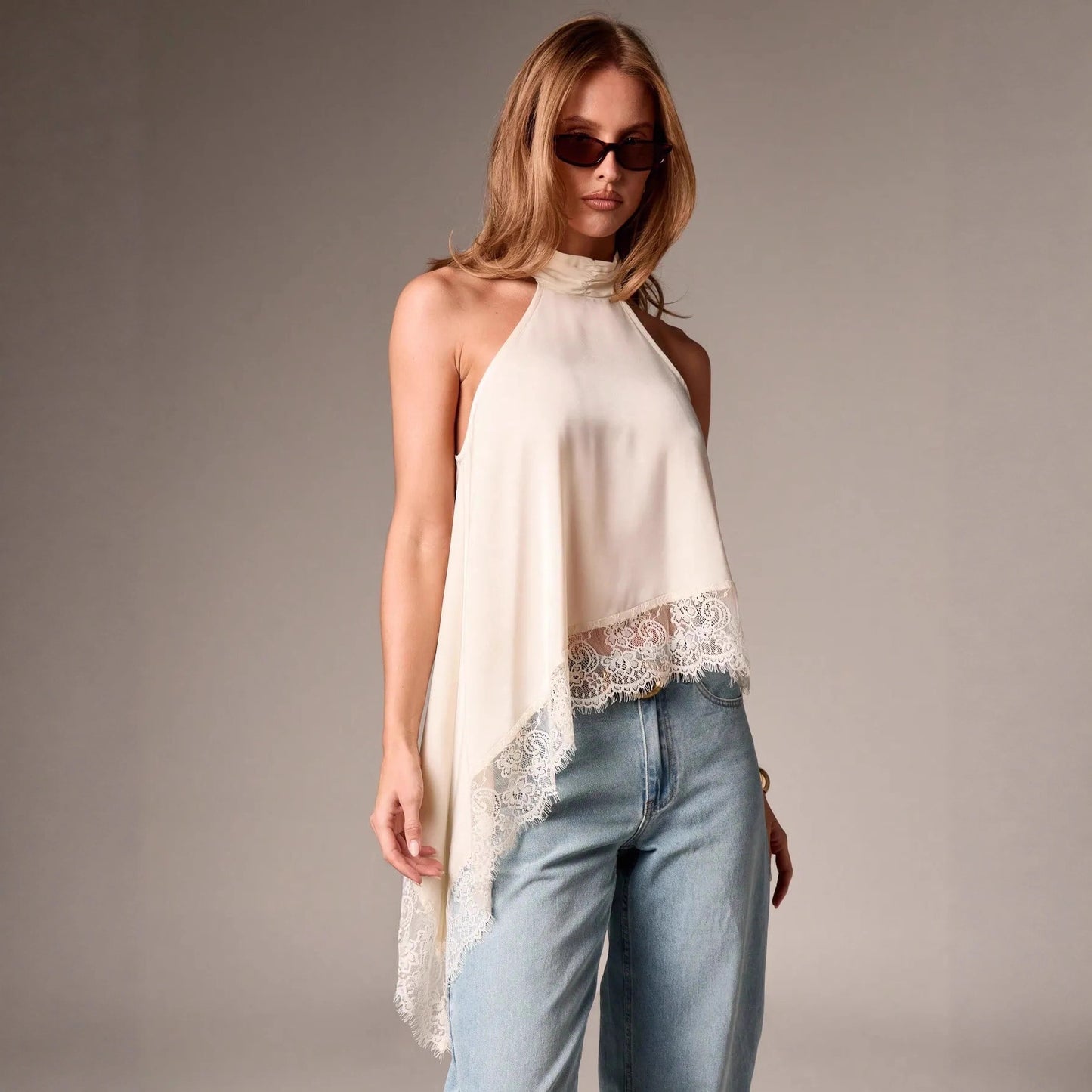 Womens Sleeveless Lace-Trimmed Asymmetrical Halterneck Satin Vest