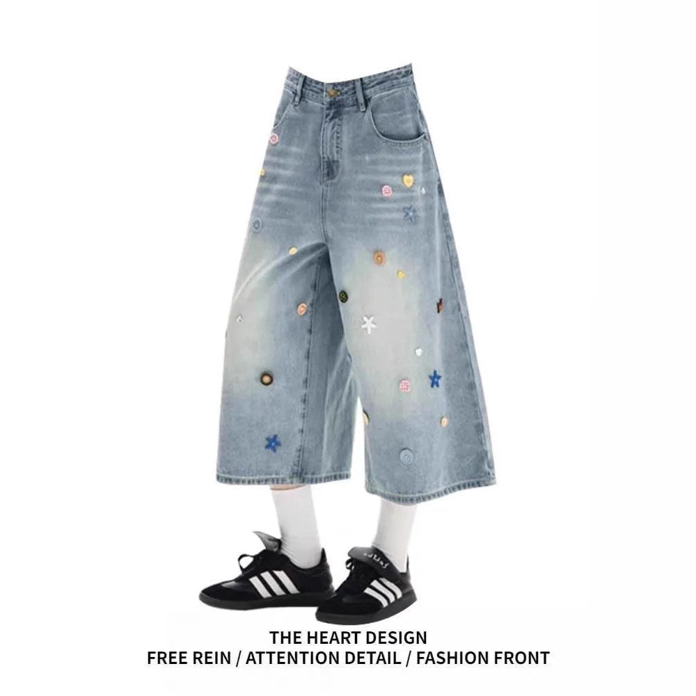 Womens Retro Washed Light Blue Cropped Denim Jeans In American Style