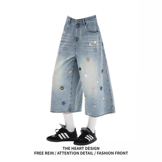 Womens Retro Washed Light Blue Cropped Denim Jeans In American Style