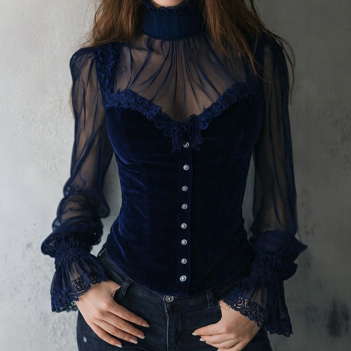 Mesh-panel Black Lace Top With Hollow-out Floral Trim