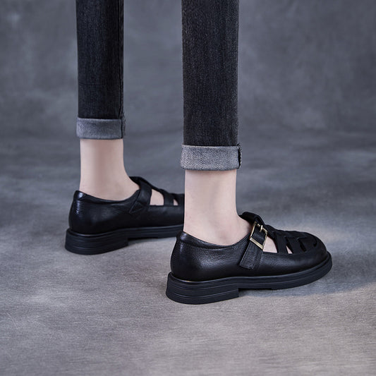 Genuine Leather Pitcher Plant Shoes Women's Round Head Hollow Flat