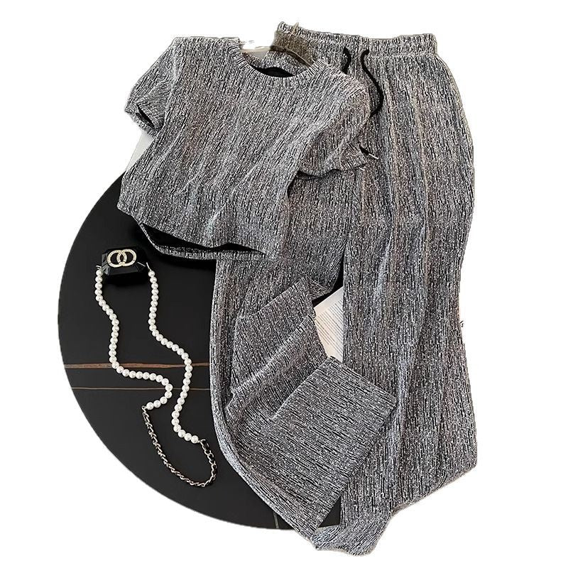 Laid-back Style Gray Short-sleeve Wide-leg Pants Two-piece Set