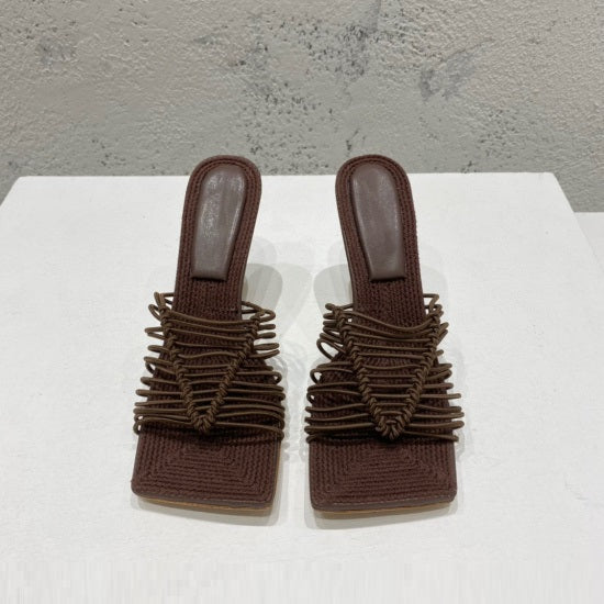Square-toe High-heel Sandals In Woven Mesh And Leather