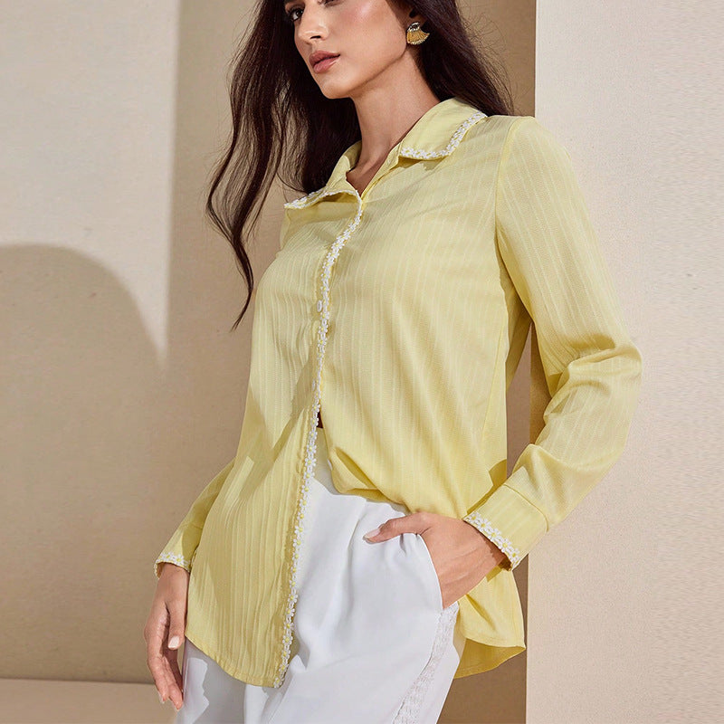 Europæisk og amerikansk temperament blonde langærmet skjorte ensfarvet cardigan top