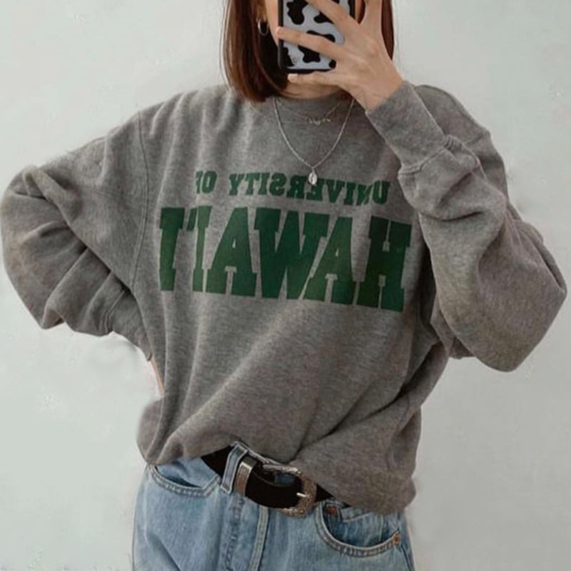 Autumn New American Retro Grey Letter Print Small Round Neck Sweater