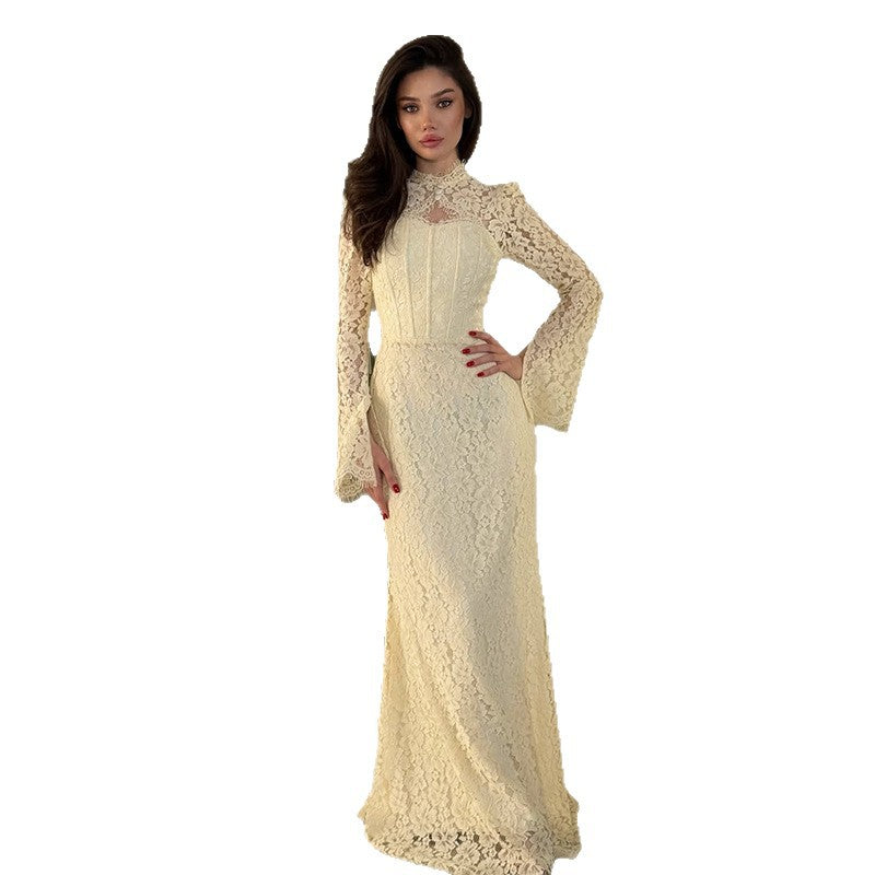 Women's Sexy Lace Hollow-Out Long-Sleeve Dress