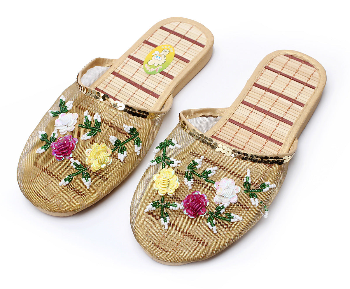 Hand-embroidered Beaded Silk Mesh Slippers