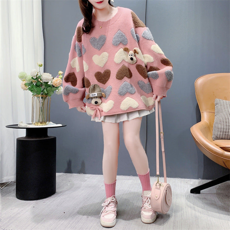 Gentle Younger Sweet Tridimensional Puppy Round Neck Sweater Women's Autumn And Winter New Loose Heart Knitted Top