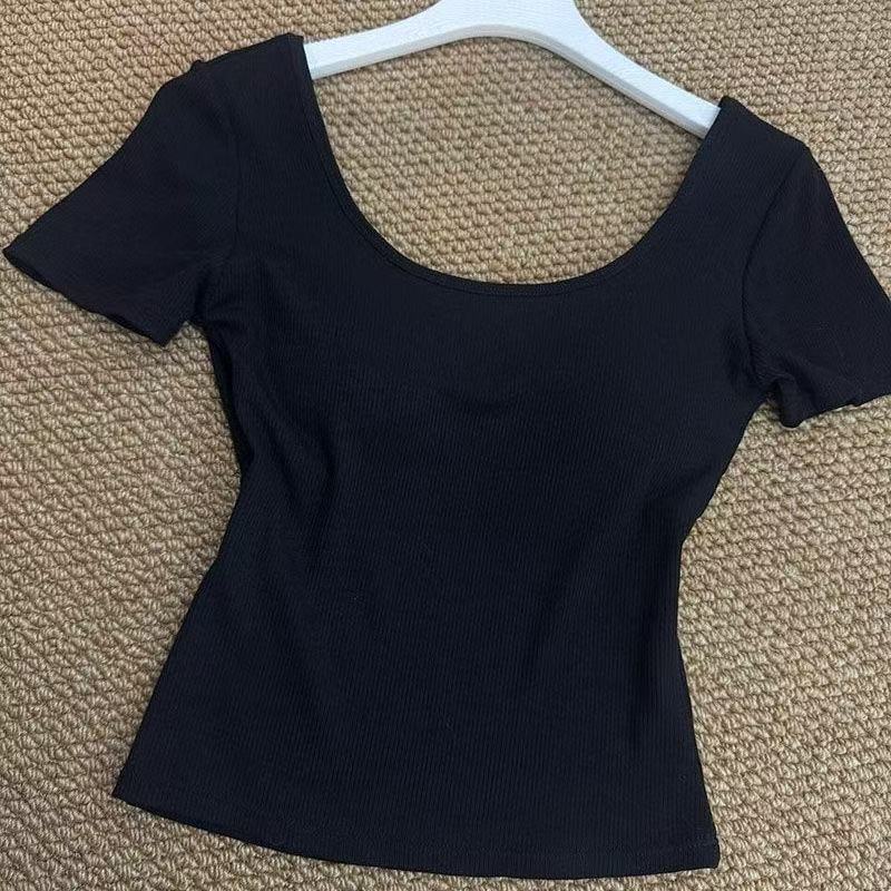 American Sexy Backless Short Sleeve T-shirt Women
