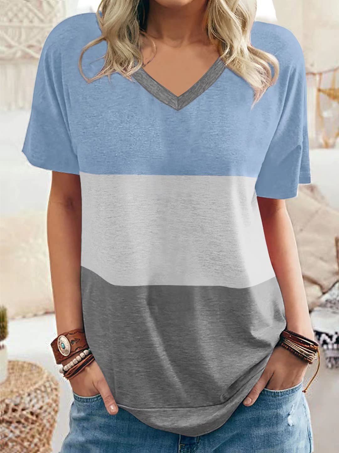 Women's Color Matching V-neck Casual Loose Short Sleeves