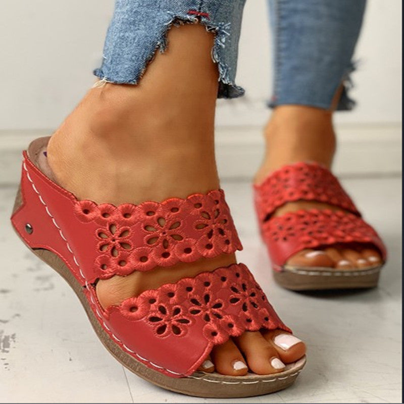European And American Platform Wedge Embroidered Hollow Half Slippers