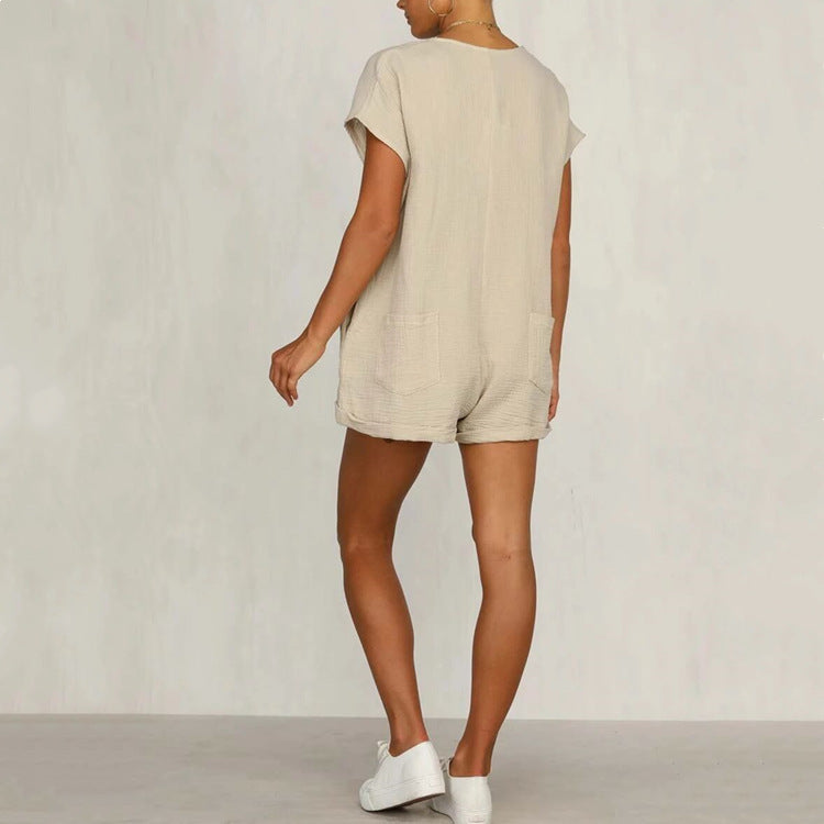 European And American Fashion Button V-neck Loose Short Sleeve One-piece