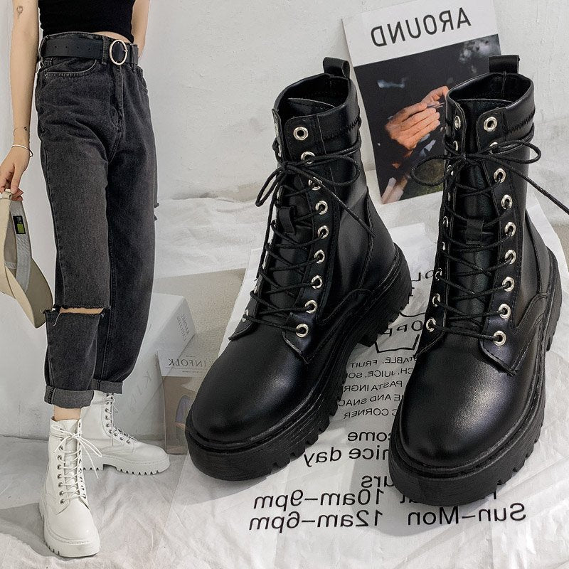 British Style Korean Retro Short Boots Flat Black Motorcycle i Boots