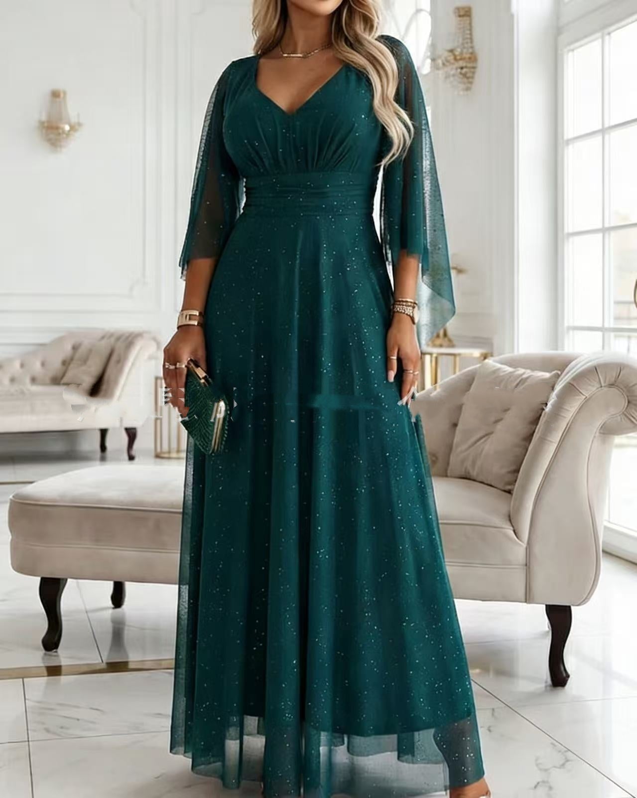 Sequined Fashion Butterfly Sleeve V-Neck Patchwork Mesh Womens Dress