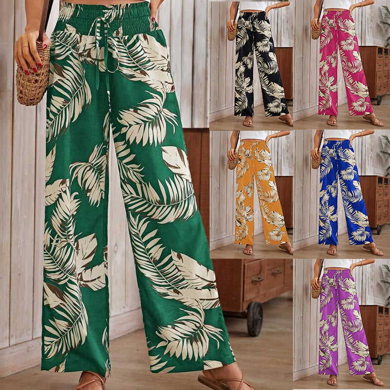 Women's Casual Digital Printing Loose Drawstring High Waist Trousers