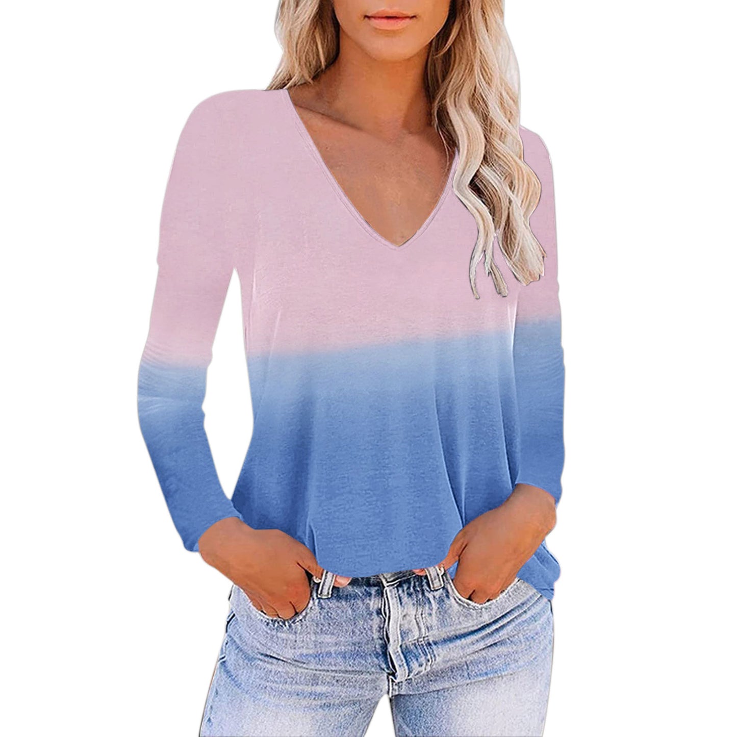 European And American Women's V-neck Gradient Print Loose T-shirt