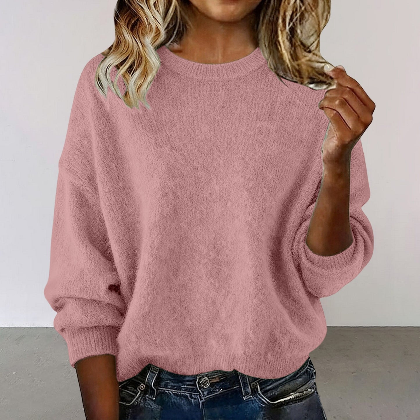 Fashionable Crew-neck Solid-color Sweater