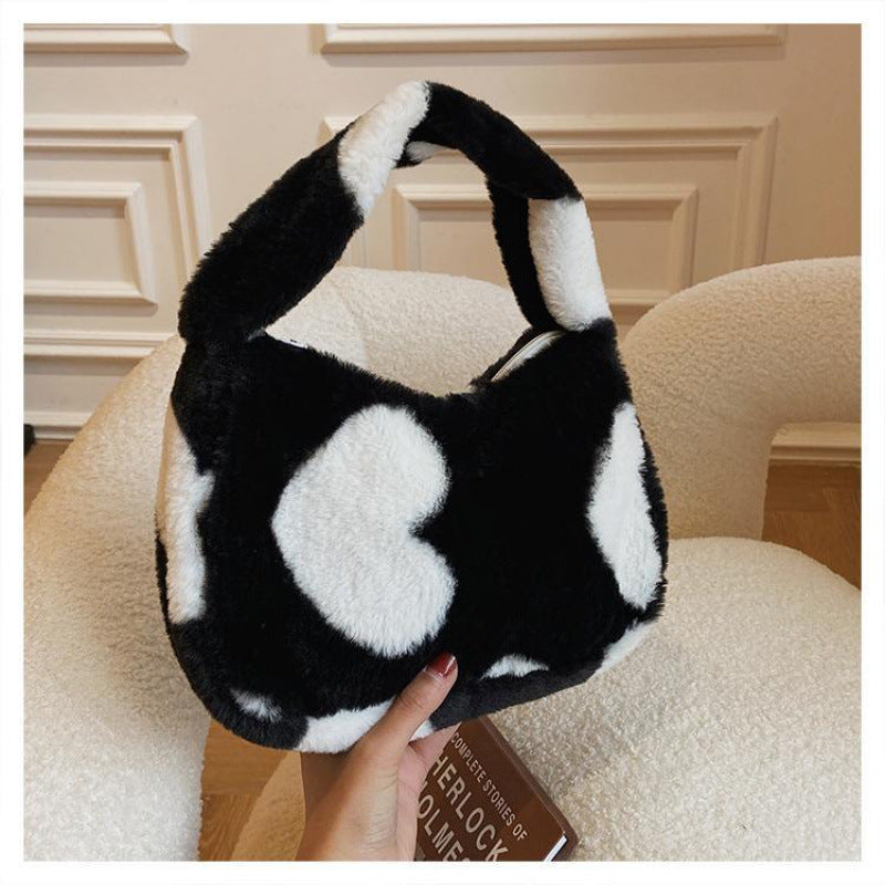 Japanese Ins Black Love Heart Simplicity Cute Winter Plush Bag