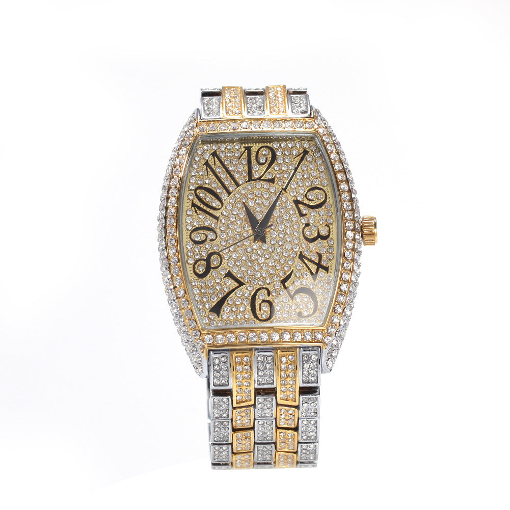 Large tonneau-shaped dial with full diamonds