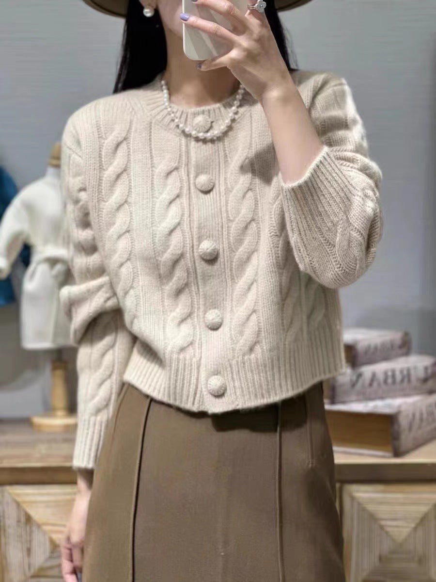 Lazy Round Neck Knitted Soft Glutinous Wool Cardigan Sweater Coat For Women