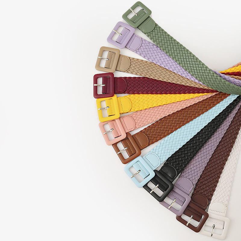 Candy Color Bag Buckle Belt Sweet Decorative Square Woven Ladies Wide Wholesale