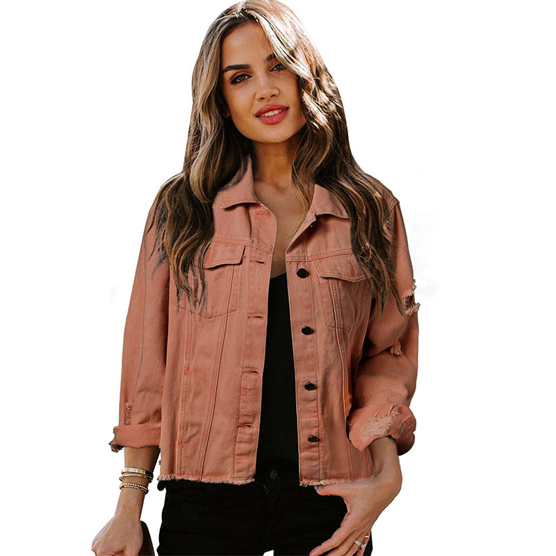Denim Tops For Women Leisure Washed-out Distressed