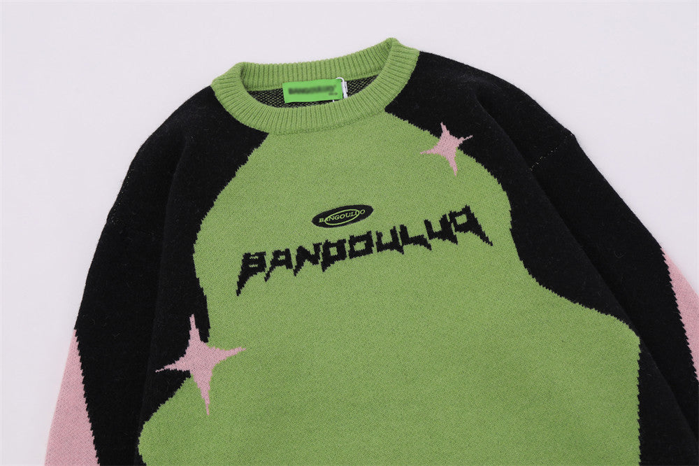 National Fashion Stitching Contrast Color Jacquard Round Neck Sweater