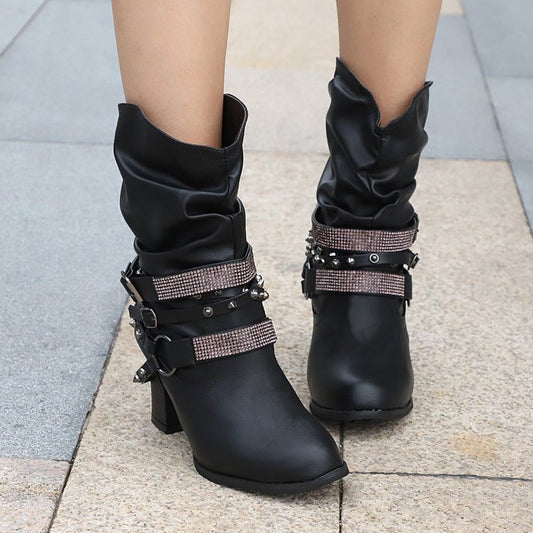 High Heel Thick Heel Belt Buckle Women's Shoes Rivet Water Drill Large Boots