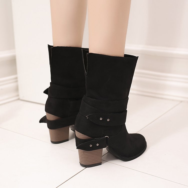 Large Size Thick Heel Belt Buckle Middle Tube Women's Boots
