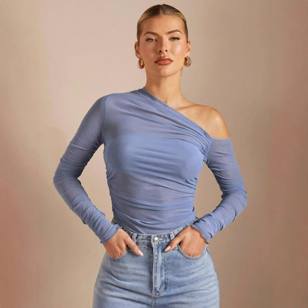 One-shoulder Cross-body Long Sleeve Pleated Slim Mesh Top For Women