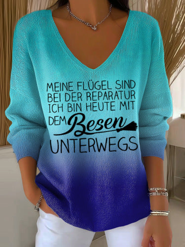 Womens Ribbed V-neck Three-quarter-sleeve Loose-fit T-shirt