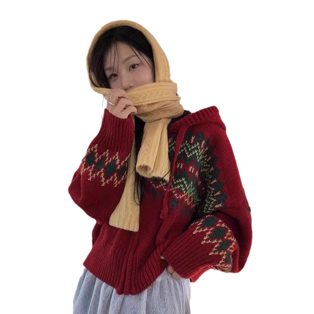 Hættetrøje Cardigan med Kontrastfarver, Fair Isle Jacquard, Løstsiddende, Lange Ærmer, Europæisk Stil